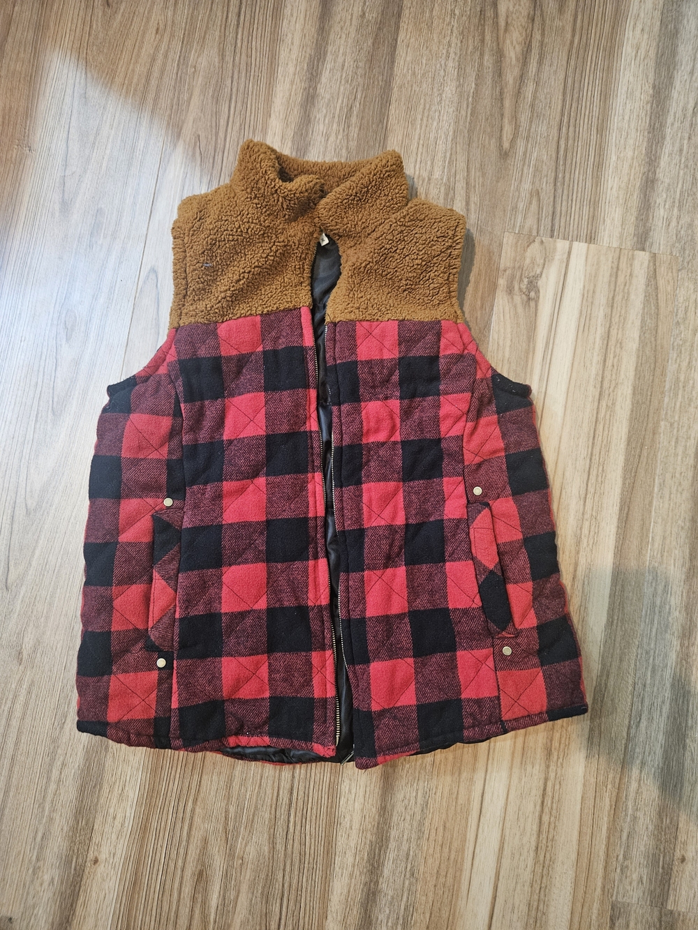 Maurices Red and Black Buffalo Plaid Sherpa Collar Vest. Size XL